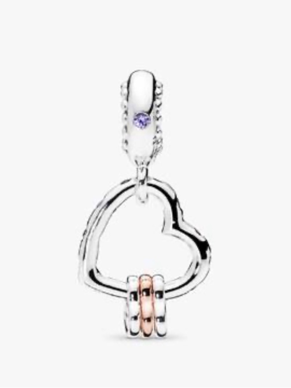 Pandora Silver Heart Dangle Charm with Rose Gold Rings and Purple Accents